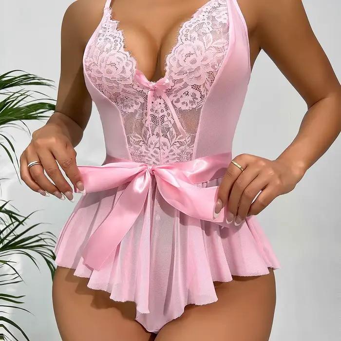 Lingerie Sexy pour femmes, Costumes Teddy Porno transparents, robe en dentelle, sous-vêtements grande taille, soutien-gorge ouvert, vêtements de nuit