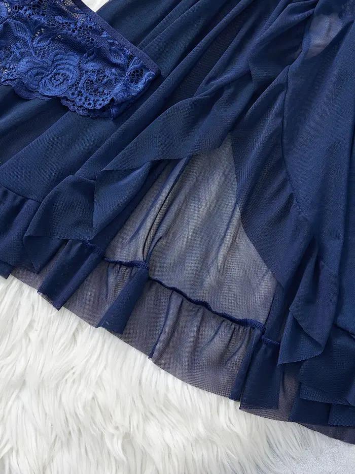Ensemble de lingerie transparente bleue pour femmes, sous-vêtements, vêtements de nuit, robe de nuit en dentelle et culotte, pyjama, nuisette féminine