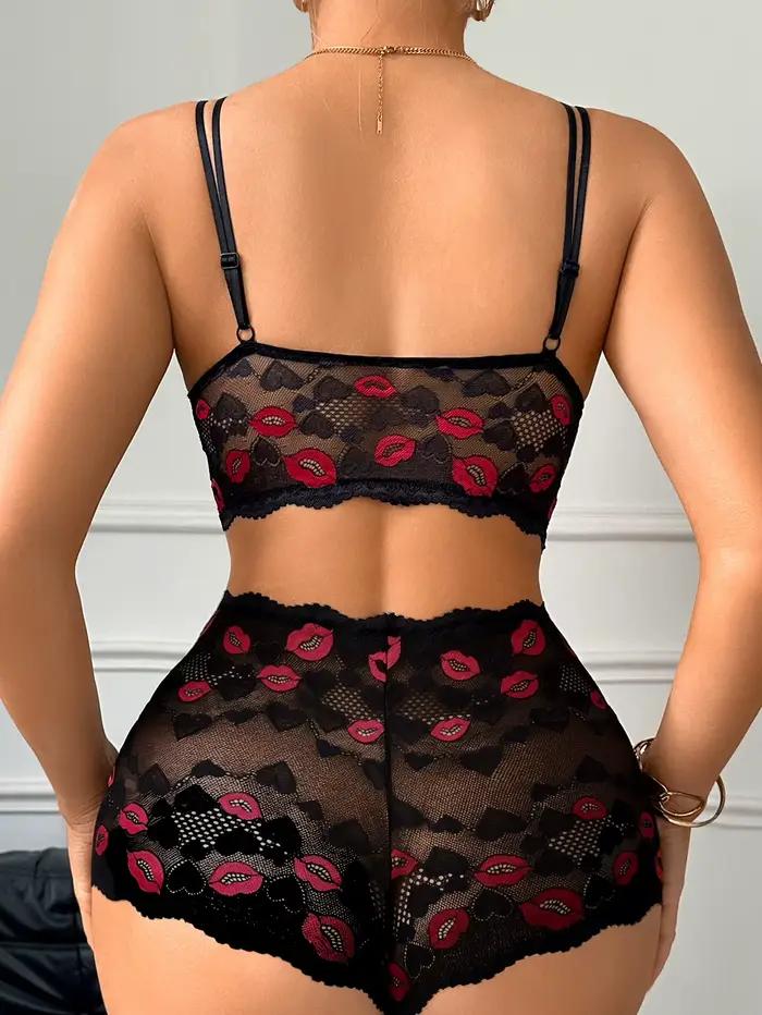 Sexy čipkovaný lingerie set s potlačou pier na Valentína