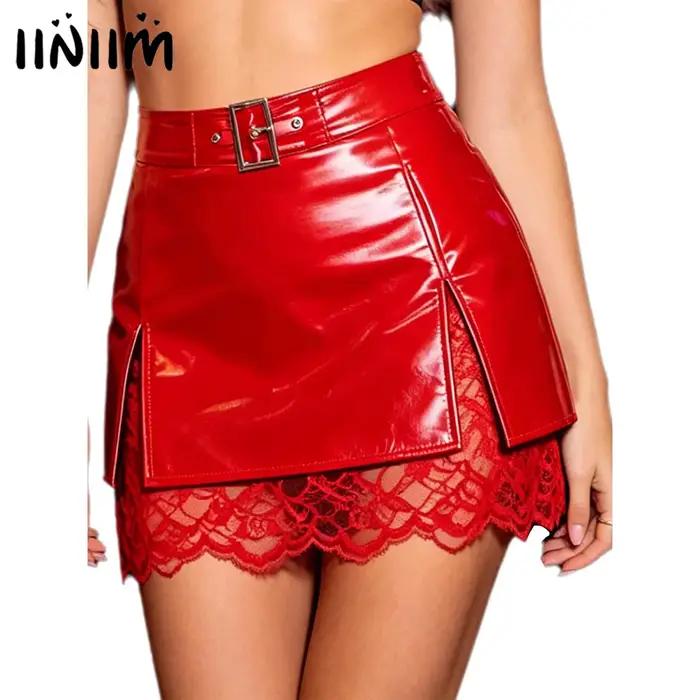 Jupe mini moulante en similicuir PU brillant pour femme, style latex, avec fente, effet mouillé, doublure en dentelle florale, taille haute, à volants, tenue de club