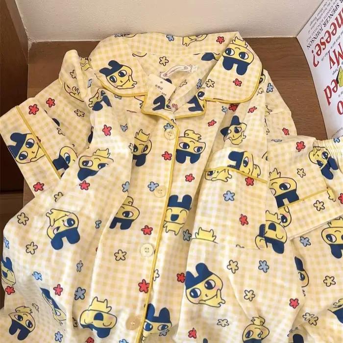 Ensemble pyjama imprimé Tamagotchi – Vêtements de nuit d'été en coton à manches courtes pour femmes (Shorts et haut de nuit mignons de dessin animé)