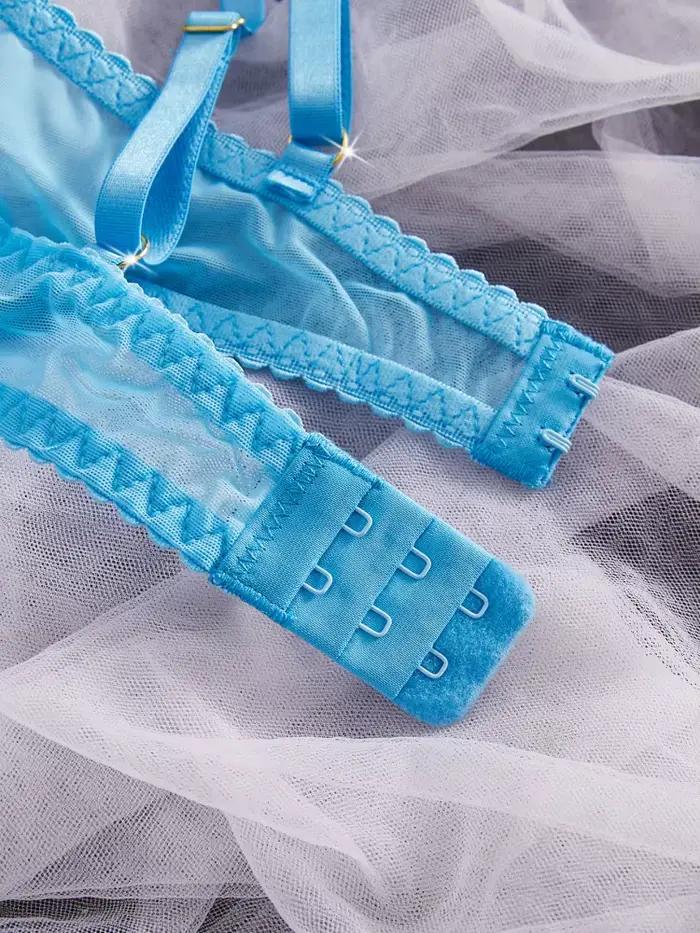 Ensemble de lingerie féminine en dentelle brodée, bleu, Pure Desire, lingerie pour adultes, ensemble de lingerie intime transparente et élégante