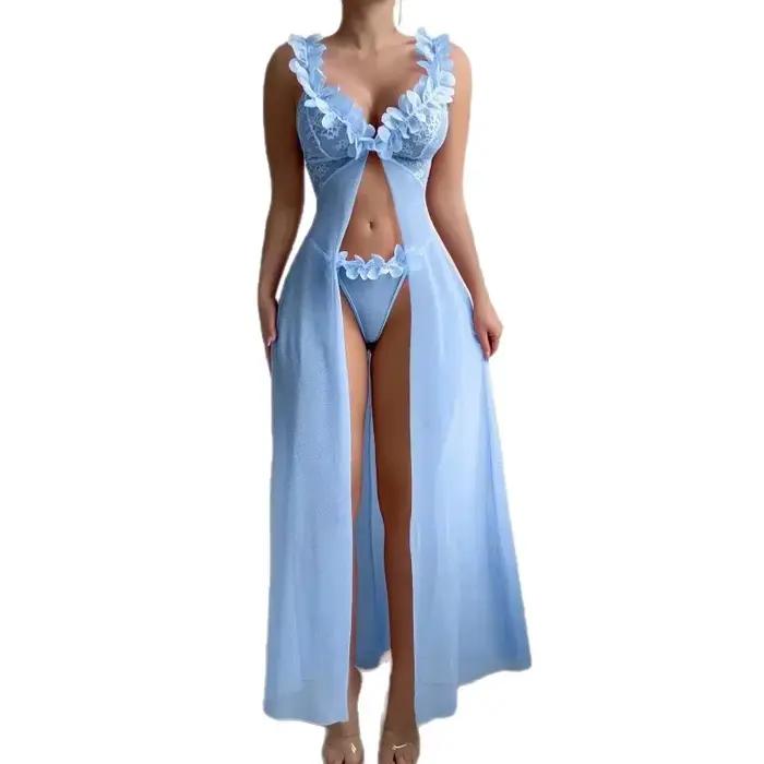 Ensemble de Nuisette Sexy en Dentelle pour Femme, Style Robe Longue, avec Bretelles à Armatures, Motif Floral Transparent, Design Séduisant, Ensemble Audacieux à Bretelles Croisées