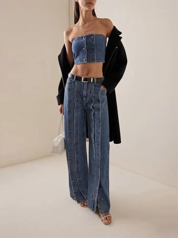 Dámske elegantné džínsy s gombíkmi jar/jeseň 2025 novinka Vintage Denim Dlhé