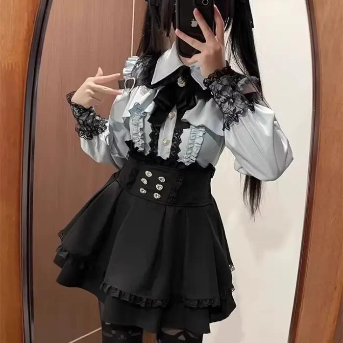 Ensemble haut de gamme en polyester plissé avec arc et dentelle pour style Lolita et sœur royale, idéal pour festivals et cérémonies
