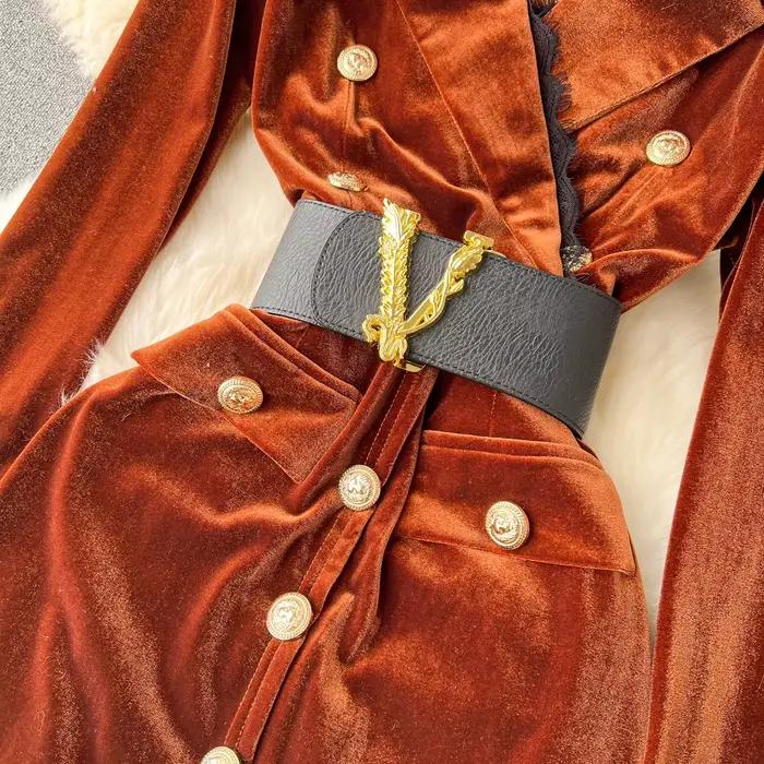 Robe damas velours et dentelle pour femme élégante, silhouette une ligne, boutonnage simple, polyester, automne hiver, bureau et occasions spéciales