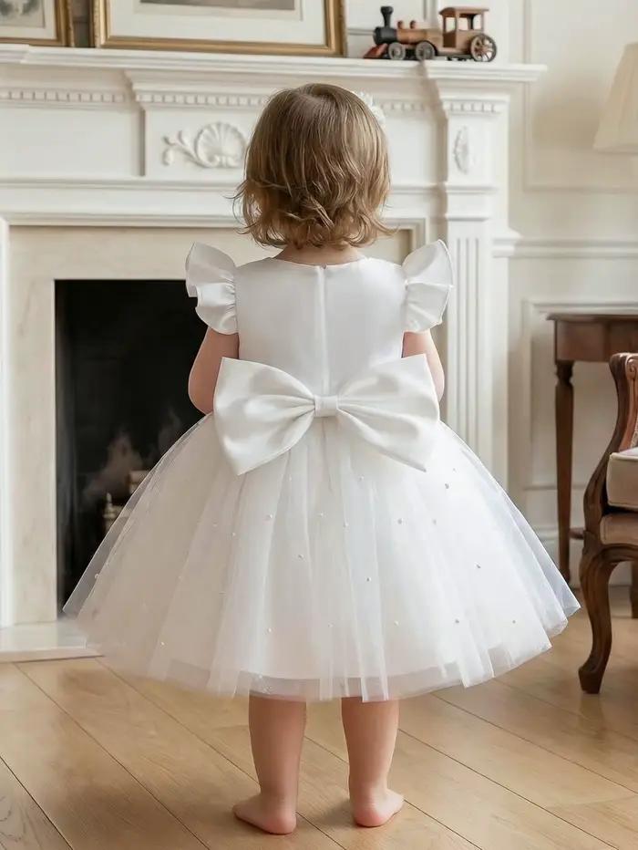 Robe blanche pour demoiselle d'honneur, robe de fête en tulle à volants avec nœud papillon, cadeau pour le premier anniversaire d'une fille, banquet