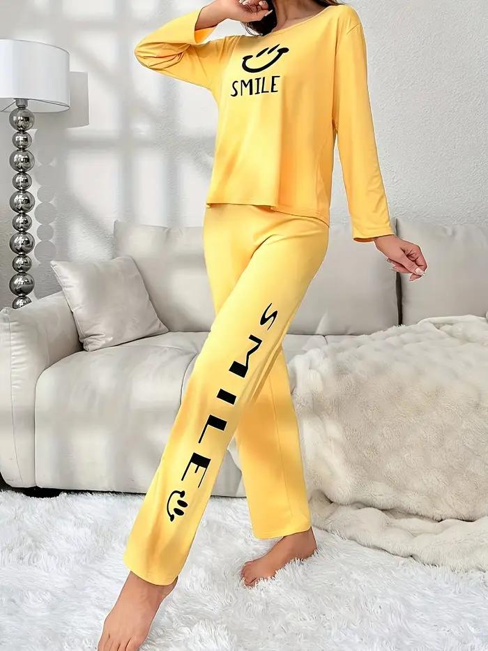 Ensemble de pyjama décontracté pour femmes, imprimé mignon, manches longues, pour le printemps et l'été, adapté à un usage quotidien et peut être porté à l'extérieur