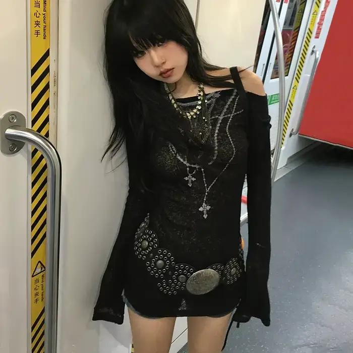 Japonské Y2k pletené topy Grunge s potlačou tetovania Dlhé rukávy Rebarborový Vintage Harajuku nariasený trikot
