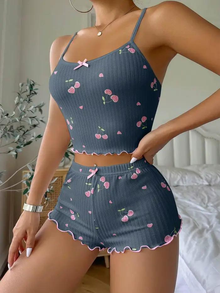 Ensemble pyjama à imprimé cœur pour femme, haut court et short confortables, col rond, dos nu, nœud décoratif, vêtements de nuit d'été