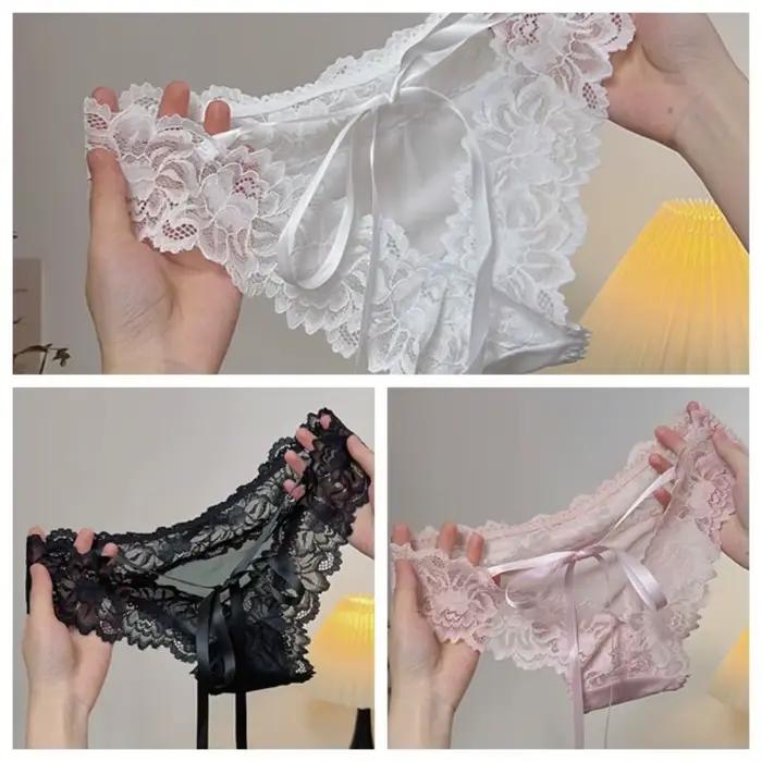 Culottes en dentelle à nœud de style français, culottes sans couture à taille basse avec lacets, culottes transparentes en dentelle et résille pour fille