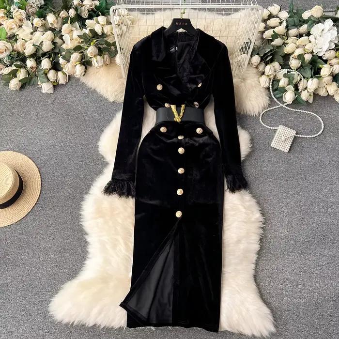 Robe damas velours et dentelle pour femme élégante, silhouette une ligne, boutonnage simple, polyester, automne hiver, bureau et occasions spéciales