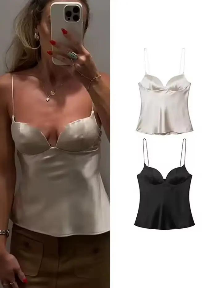 Novinka 2026 – Dámske letné topy z čierneho textúrovaného saténu – Elegantné sexy tielka s výstrihom do V a odhaleným chrbtom na večierky a do klubov