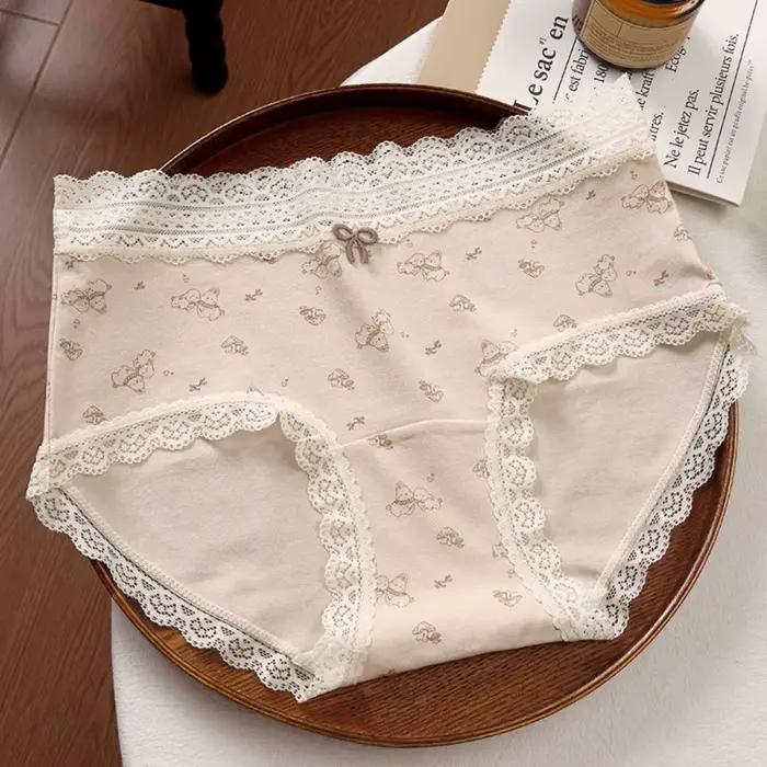 Culottes en coton à taille mi-haute en dentelle pour femmes, motif floral, ours et lapin, style doux, pour l'été