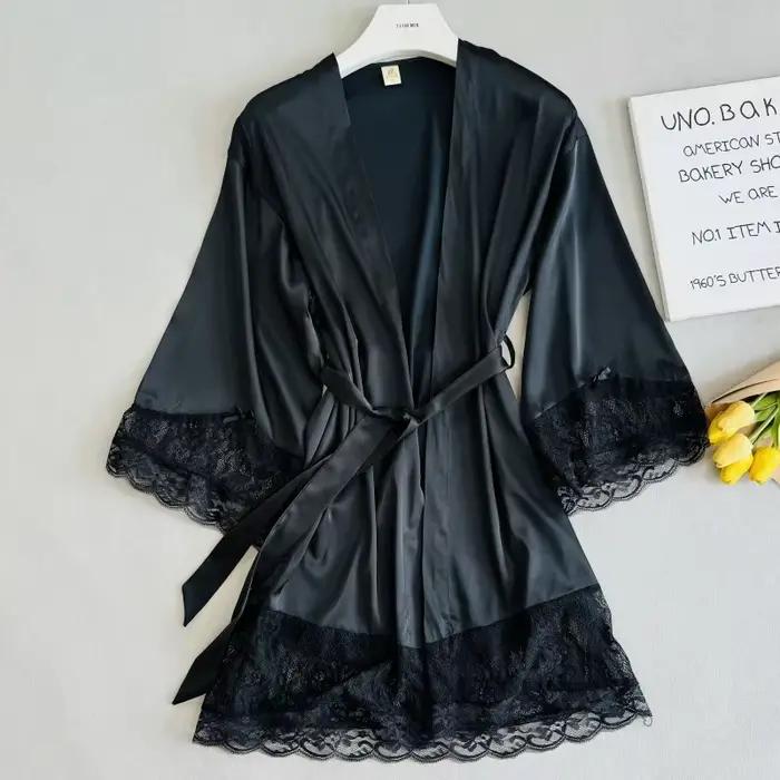 Robe de matin de mariée blanche, ourlet en dentelle, peignoir, Kimono, vêtements de nuit élégants, col en v, Lingerie intime en Satin