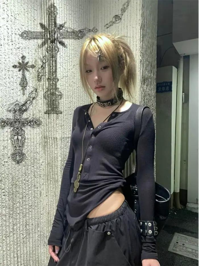 Tonngirls Y2K japonské tričko pre ženy s čipkovanými dlhými rukávmi s grafickou potlačou