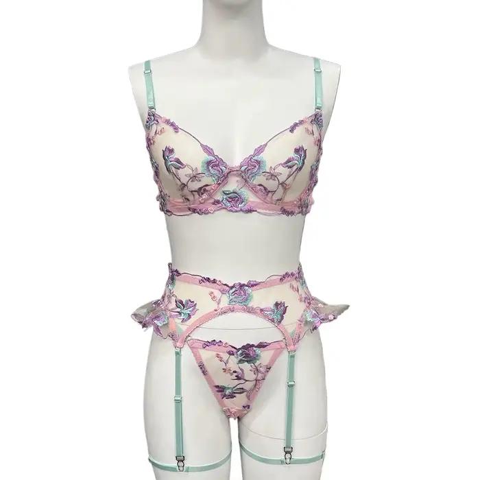 Lingerie féerique sexy, sous-vêtements transparents à fleurs, jarretière à volants, sous-vêtements délicats et intimes, tenues transparentes magnifiques