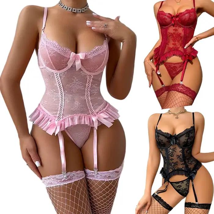 Ensemble de lingerie rose douce, costumes sensuels de luxe, soutien-gorge semi-transparent, string avec chaussettes, ensembles de lingerie sexy pour femmes, ensembles de jarretières fantaisie