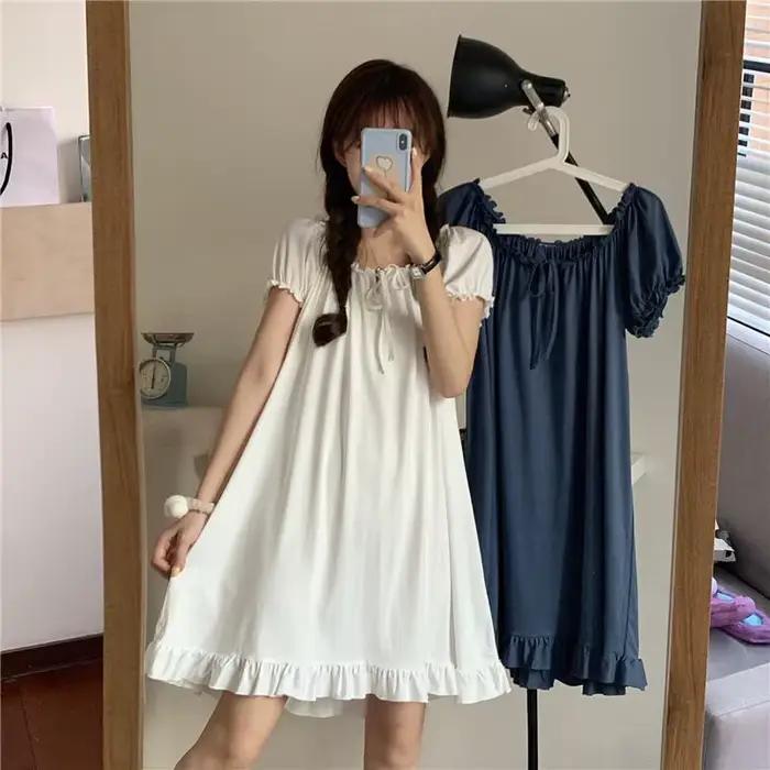 Chemise de nuit blanche vintage à manches courtes pour femmes, robe de nuit princesse Lolita, volants d'été, nœud, monochrome, doux Kawaii