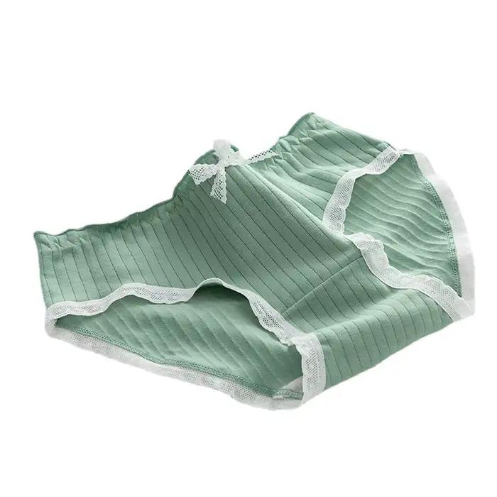 Sous-vêtements confortables en coton pour femmes, culottes respirantes, intimes, taille moyenne, couleur verte, à rayures, mignonnes, pour filles