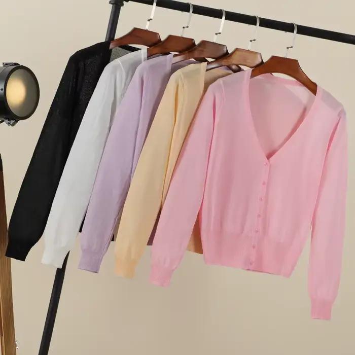 Dámsky kórejský štýl letný ľahký cardigan s dlhým rukávom crop top