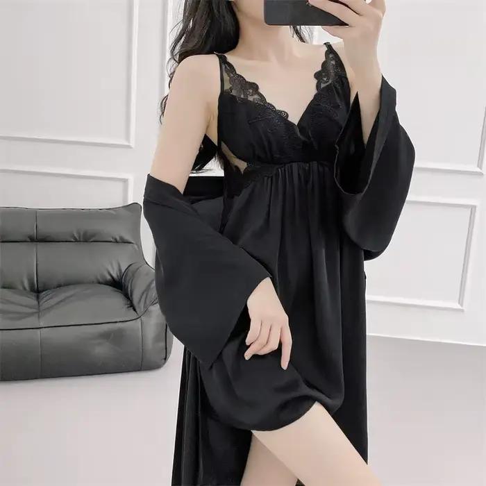 Nuisette et Robe en soie glacée, vêtements de nuit, ensemble Kimono deux pièces en dentelle, Long peignoir élégant, chemise de nuit Sexy, vêtements de maison