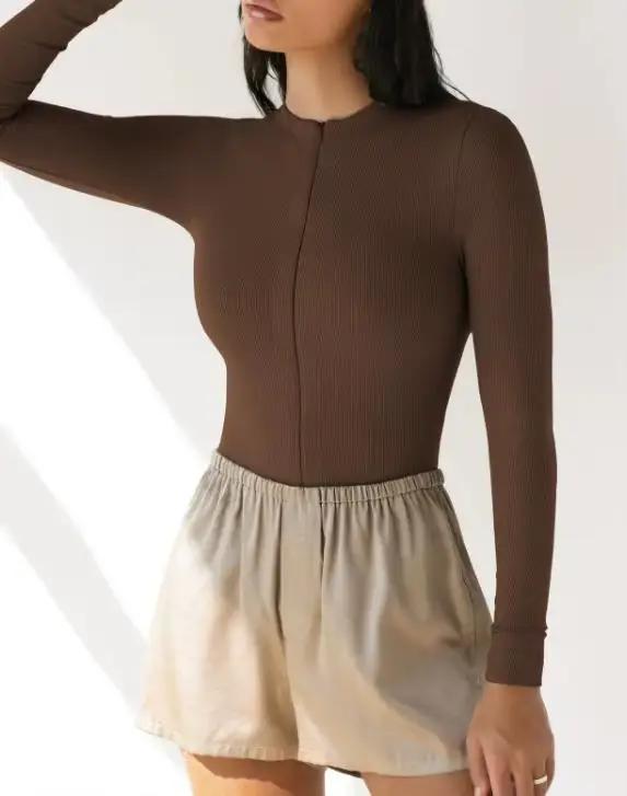 Body Femme Printemps 2026 Nouveau Modèle Couleur Unie Demi-Zip Col Rond Manches Longues Moulant Quotidien Basique en Maille