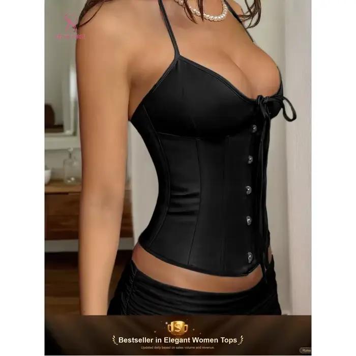 corset femme luxe bustier en satin corset noir à lacets, élégant et sexy, pour femmes, camisole halter minimaliste, serre-taille, dos nu, style overbust.