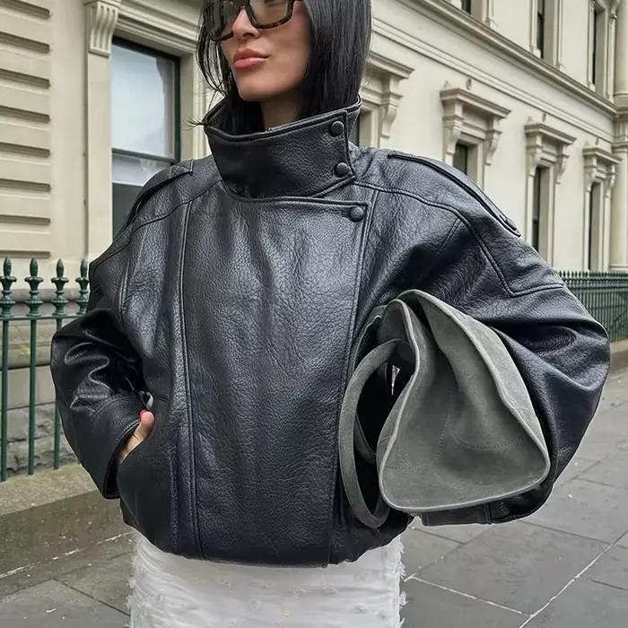 HXAO čierna bunda dámsky kabát z imitácie kože vonkajšie oblečenie Polsezónna Bomber Moto Biker