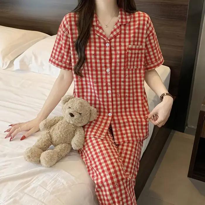 Pyjama d'été vintage à carreaux rouges à manches courtes pour filles ; Ensemble de vêtements de détente d'été à manches courtes et pantalon long en jacquard, sensation de luxe
