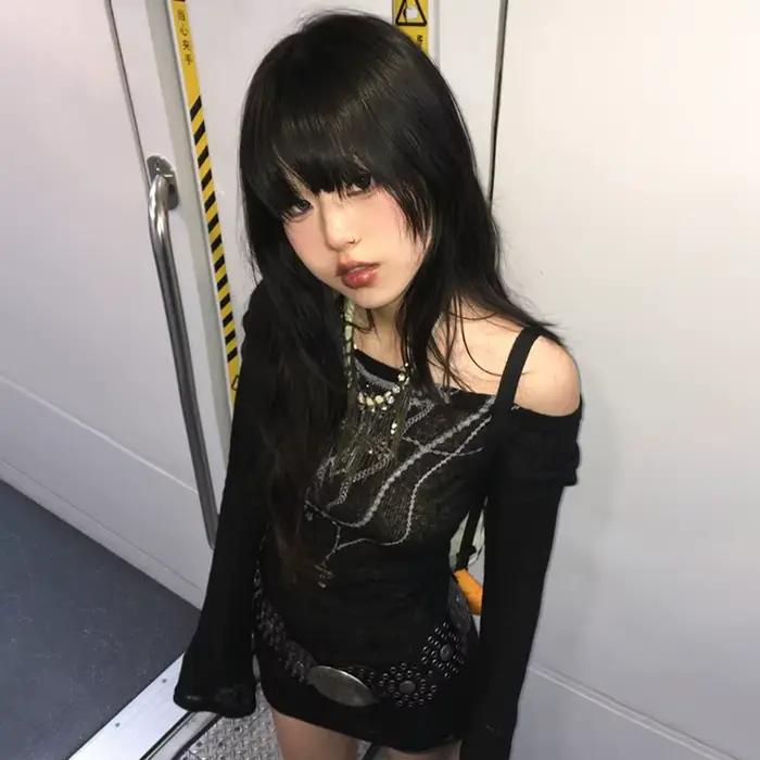 Japonské Y2k pletené topy Grunge s potlačou tetovania Dlhé rukávy Rebarborový Vintage Harajuku nariasený trikot