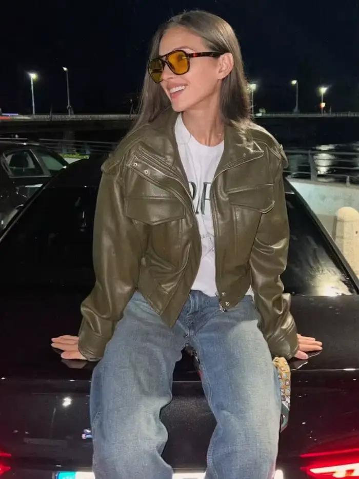 HH módna jar ženy Umelá koža skrátená bunda 2026 Vintage sťahovací golier zips dlhé rukávy Bomber kabát
