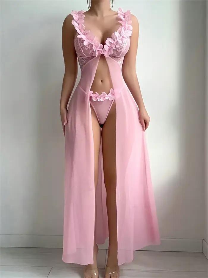 Robe de lingerie sexy florale rose pour femmes, nuisettes exotiques, babydolls, chemises de nuit, robe de nuit profondément décolletée en dentelle et maille transparente