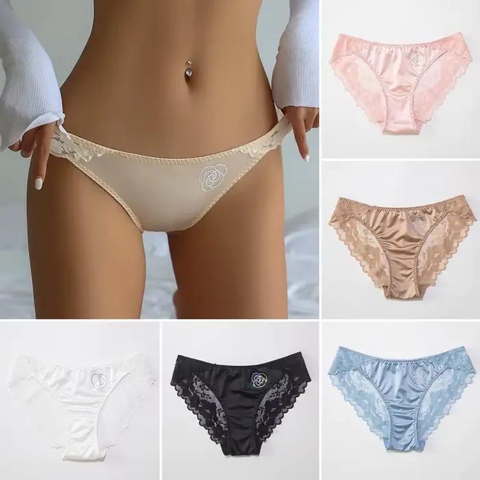 Culotte Sexy en Dentelle de Style Français pour Femme, en Satin, Confortable, Sans Couture, Décorations en Diamant, Slip Respirant