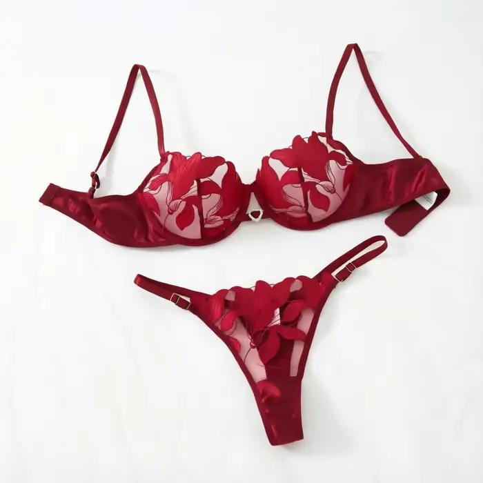 Ensemble de Lingerie en dentelle transparente, deux pièces, motif Floral exquis, soutien-gorge ultra-fin, slip, solide, exotique, pour dames, 23171A