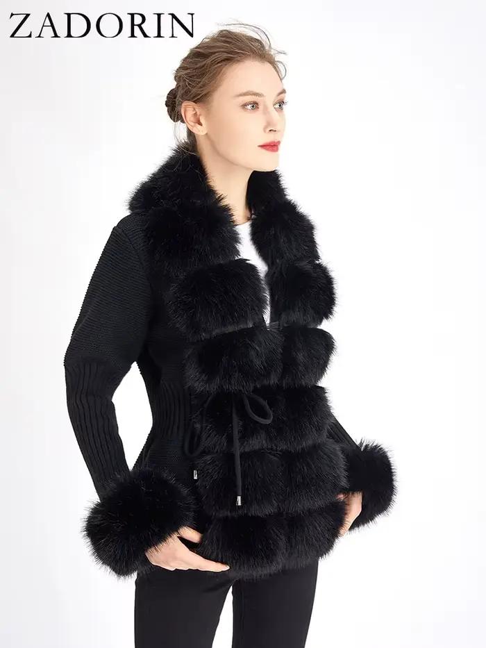 ZADORIN luxusný kožušinový cardigan pletený zimný sveter pre ženy elegantná odnímateľná kožušina opasok biela ružová