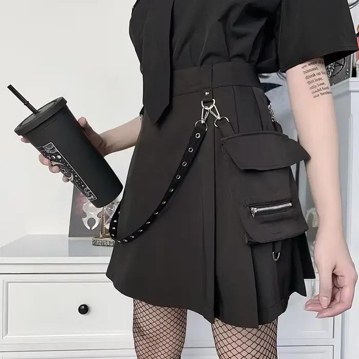 Harajuku punk gotická čierna sukňa s vysokým pásom pre ženy Sexy patchwork obväzová mini