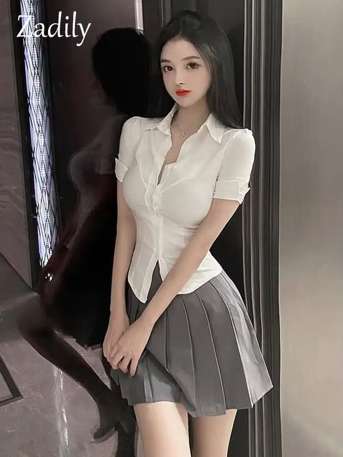 Blouse Zadily décontractée en polyester pour femmes, style streetwear, été 2025, ajustée, boutonnage simple, col rabattu, manches courtes, événements et soirées