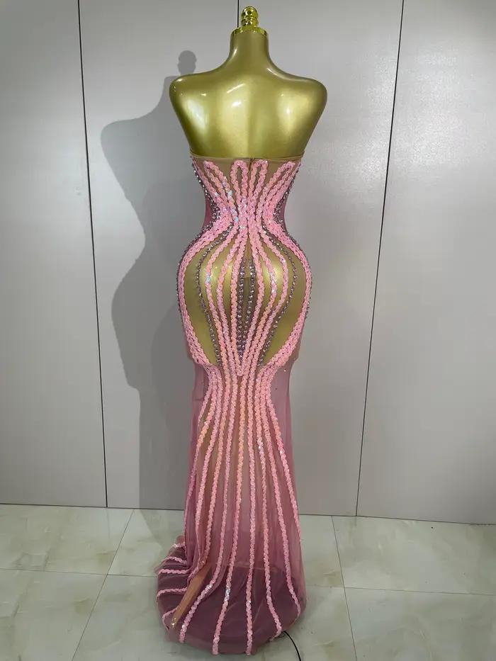 Sexy dlhé ružové trblietavé šaty s kamienkami a flitrami