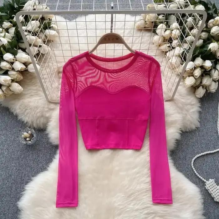 Dámske elegantné priesvitné sieťované patchworkové dlhé rukávy krátky top tenký sexy kórejský tričko módne okrúhly výstrih jeseň