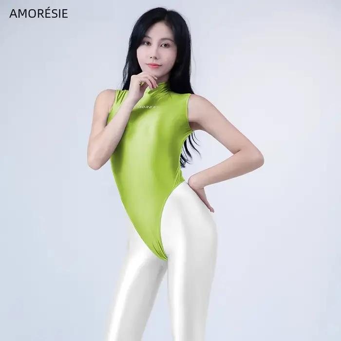 AMORESY-Body sans manches à col montant, brillant, string à jambe extra haute, fermeture éclair au dos, maillot de bain une pièce