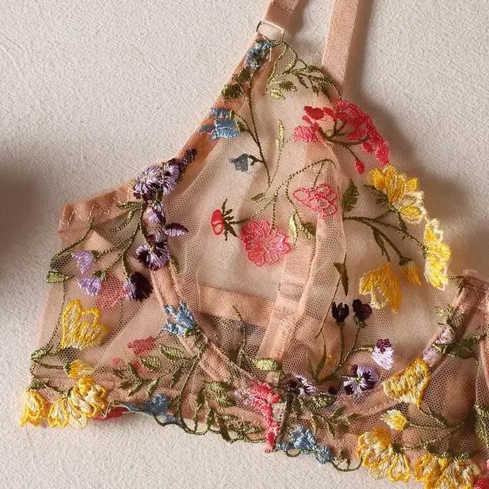 Ensemble de Lingerie brodée florale pour femmes, 2 pièces, soutien-gorge Boho transparent + culotte, ensemble de sous-vêtements intimes