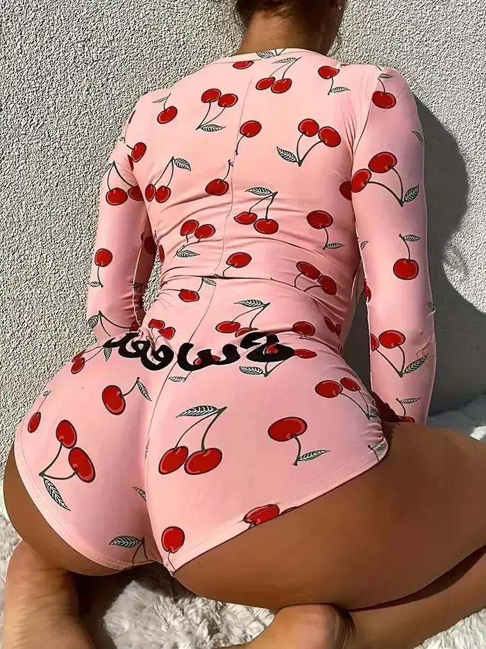 Pyjama Sexy pour femmes, body décontracté, imprimé cerise, col en v, bouton avant, manches longues, Slim Fit, combinaison, vêtements de nuit