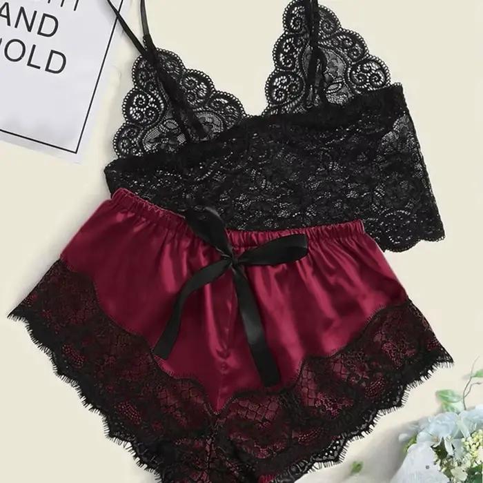 Sexy pyžamový set pre ženy 2-dielny Top Šortky Súprava Nočné oblečenie Čipkované pyžamo Spodná bielizeň