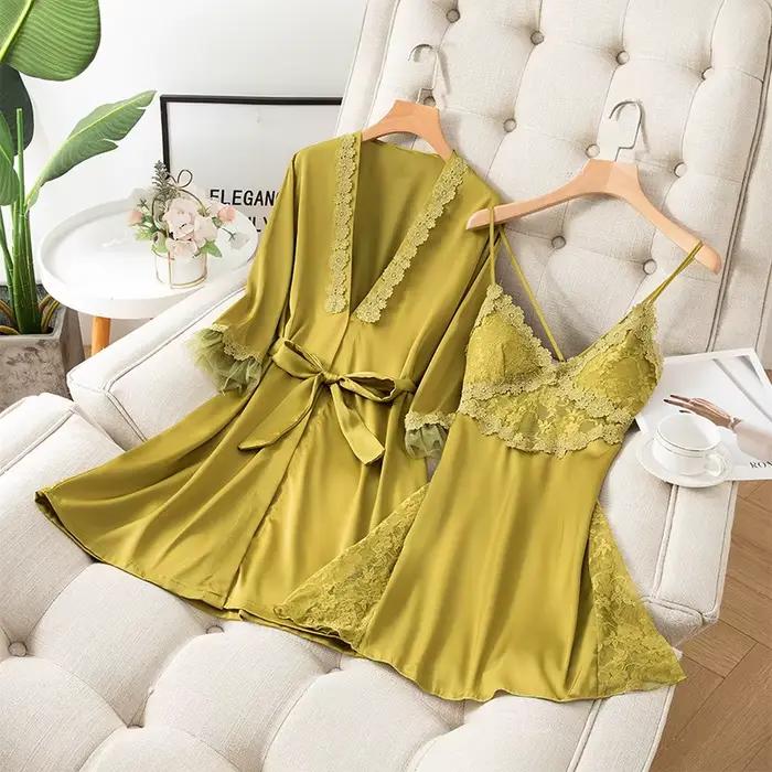 2 pièces Kimono Robe ensemble femmes Satin vêtements de nuit chemise de nuit Sexy décontracté vêtements de maison Lingerie intime dentelle peignoir Robe