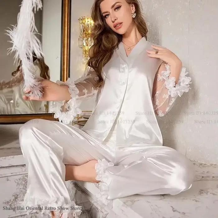 Dvojdielne pyžamo pre ženy Sexy Perspektíva čipka s dlhými rukávmi nohavice Pijamas kostým nočné oblečenie voľné hodváb