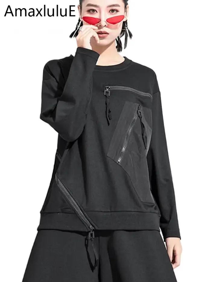 Amax luluE Európsky dizajnér čierne tričko pre ženy voľný punk štýl neformálne vintage luxusné streetwear