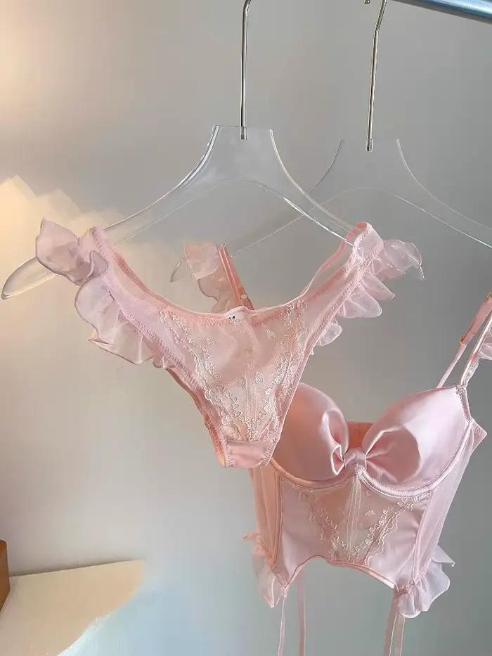 Rose femmes intimes soutien-gorge à armatures et tongs dames ensemble de sous-vêtements bouton arrière Push-Up Lingerie