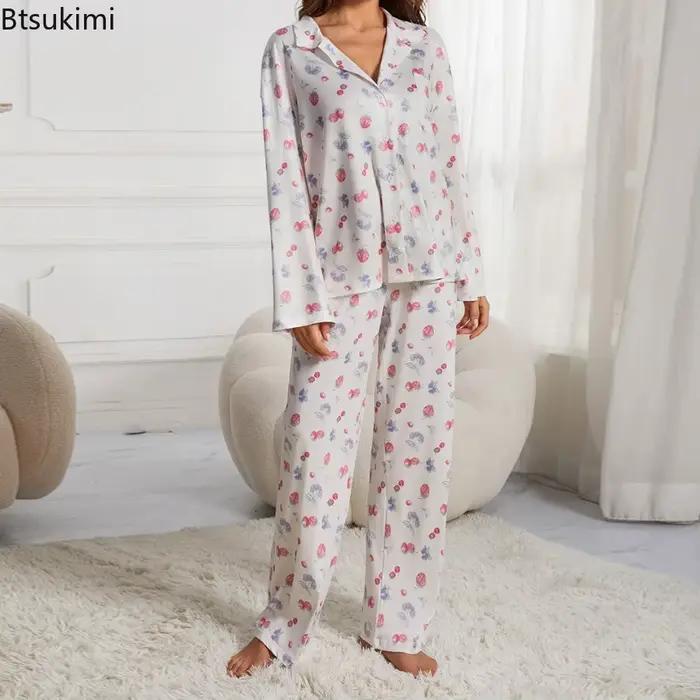 Ensemble pyjama décontracté imprimé floral pour femmes, chemise à boutons à manches longues avec poche et pantalon ample à jambes larges, vêtements de nuit, 2026
