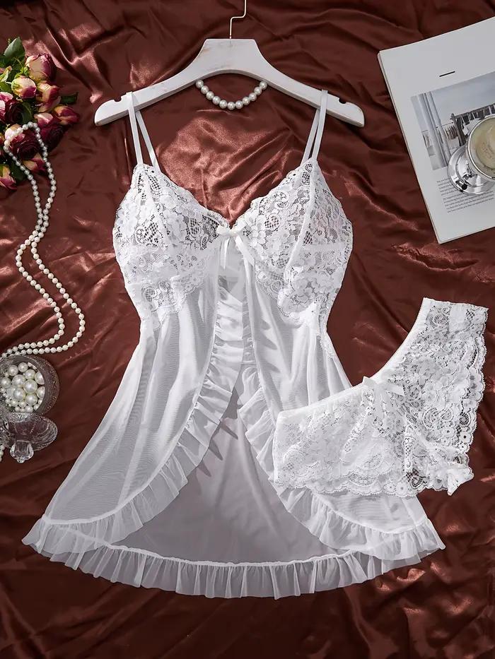 Biela sexy kontrastná čipka a sieťovina s volánmi nočná košeľa pre ženy